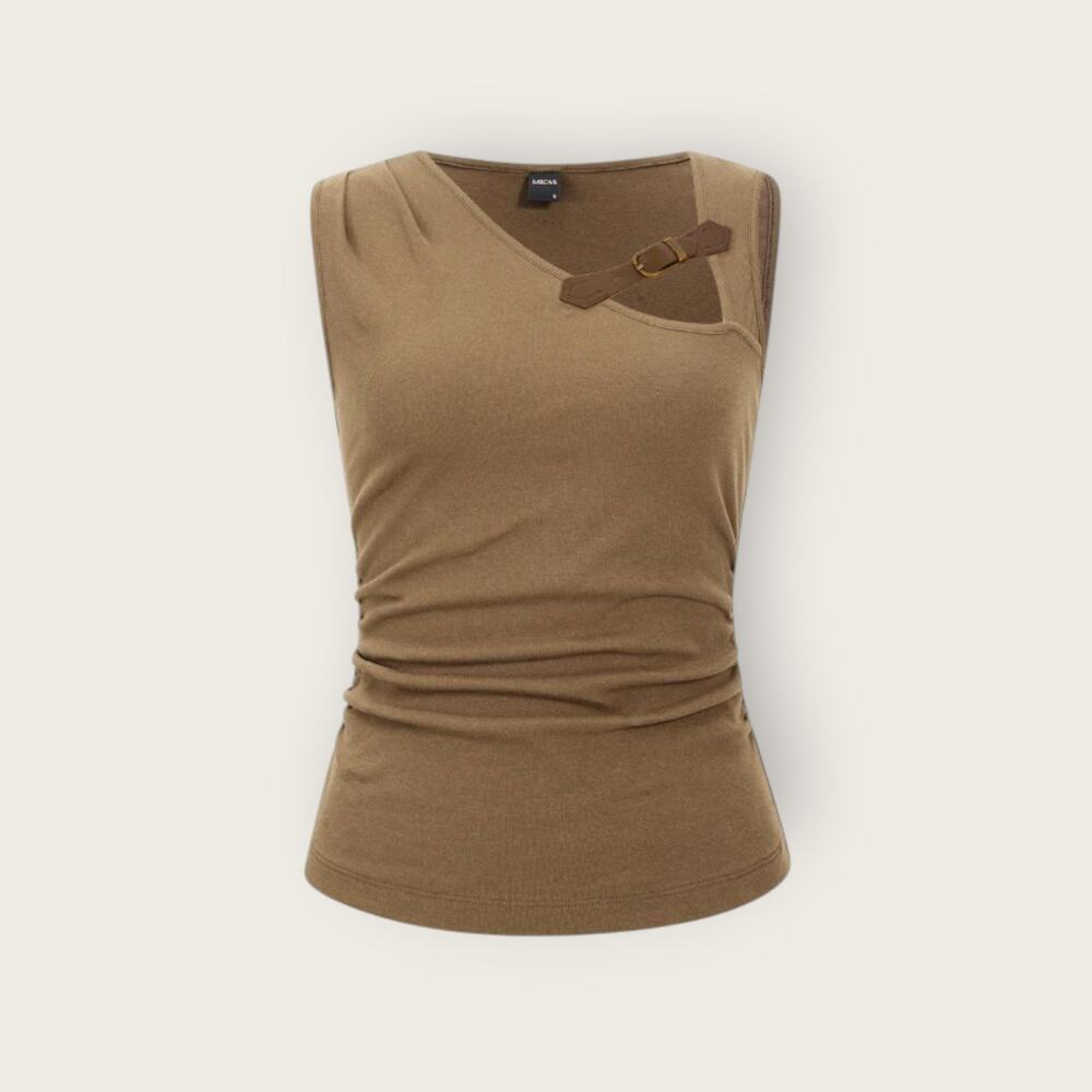 Micas Asymmetric Buckle Strap Knit Tank Top – Khaki – NWT - Modern Chic